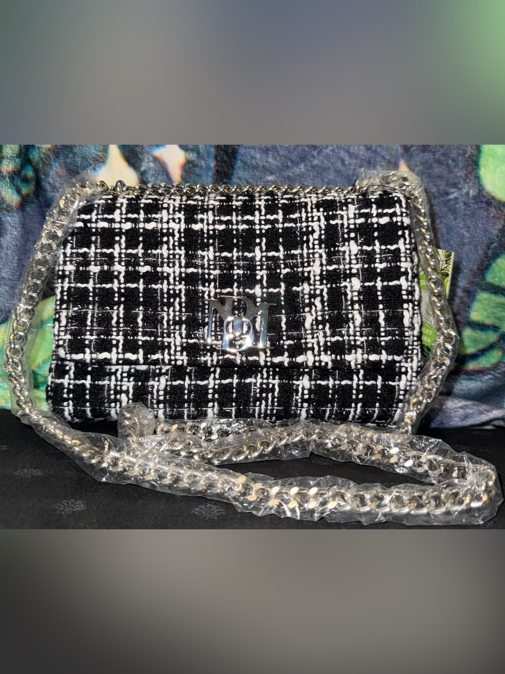 Badgley Mischka Black and White Tweed Chain Crossbody Bag